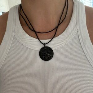 Black crystal circle pendant beaded necklace